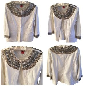 🌂 Chico’s Beaded Jacket Front Pockets Eye-hook Closure Size Small